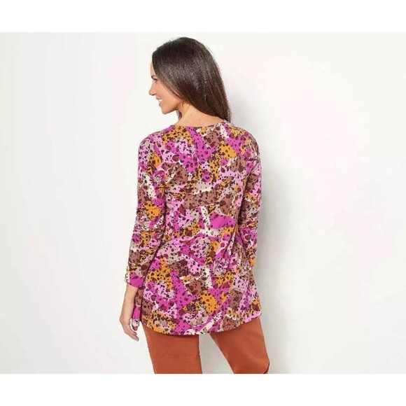 LOGO by Lori Goldstein Rayon 230 Square Neck Printed Top Pink Blossom Size 4X - Picture 2 of 12